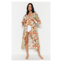 Trendyol Tropical Pattern Belted Maxi-Weave 100% Cotton Kimono & Caftan