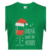 Pánské vánoční tričko s potiskem vína a nápisem Drink and be merry