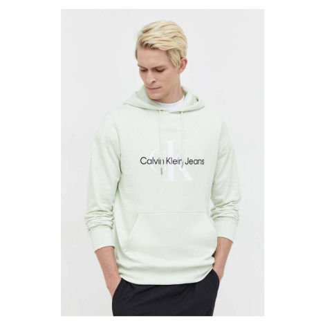 Bavlněná mikina Calvin Klein Jeans pánská, zelená barva, s kapucí, s potiskem