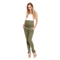 Těhotenské kalhoty se zvýšeným pasem a mašlí v kaki barvě