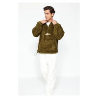 Trendyol Men's Khaki Oversize/Wide-Fit Zippered Hooded Mountain Embroidered Pocket Fleece/Plush 