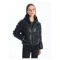 LC Waikiki Hooded Plain Leather Look Women's Puffer Jacket