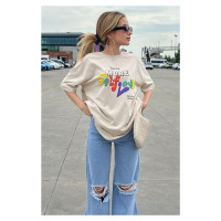 Madmext Beige Printed Oversized T-Shirt