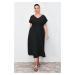 Trendyol Curve Black V Neck Woven Dress with Gathered Waist