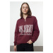 Trendyol Claret Red Oversize Thick Fleece Slogan Printed Zippered Knitted Sweatshirt