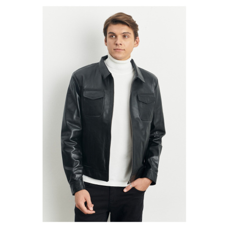 ALTINYILDIZ CLASSICS Men's Black Standard Fit Normal Cut Baby Collar 100% Genuine Leather Coat AC&Co / Altınyıldız Classics