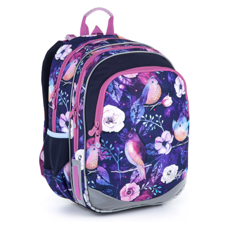 Modrý batoh s ptáčky a kytkami Topgal ELLY, růžovo-fialový