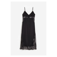 H & M - Saténové šaty slip dress's krajkou - černá