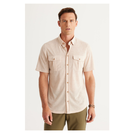 ALTINYILDIZ CLASSICS Men's Beige Slim Fit Slim Fit Shirt with Hidden Buttons, Collar with Pocket AC&Co / Altınyıldız Classics