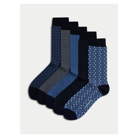 Sada pěti párů pánských ponožek v modré, černé a tmavě modré barvě Marks & Spencer Pima