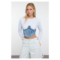 Trendyol Blue Woven Garnished Fitted/Body-Smoothing Knitted Blouse