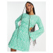 Wednesday's Girl long sleeve mini dress with cut outs in green ditsy
