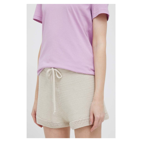 Bavlněné šortky Sisley béžová barva, hladké, high waist