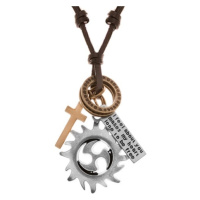 Nastavitelný kožený náhrdelník, přívěsky - kruh tribal, kruhy, kříž a známka