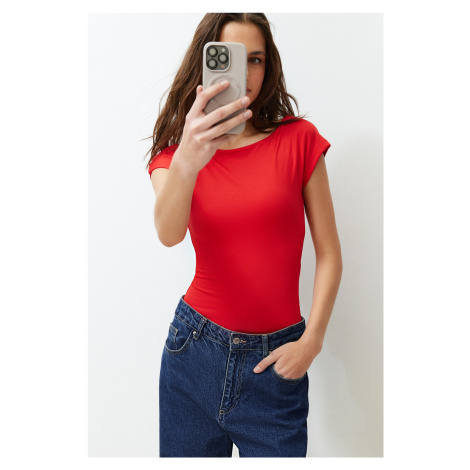 Trendyol Red Fitted Boat Neck Flexible Snaps Knitted Bodysuit