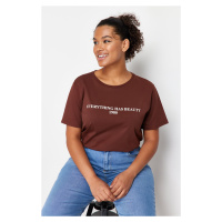 Trendyol Curve Brown 100% Cotton Motto Printed Relaxed/Wide Comfort Fit Knitted T-Shirt