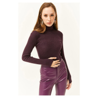 Olalook Women's Plum Turtleneck Finger Detailed Lycra Blouse