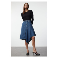 Trendyol Blue Stitch Detailed Asymmetric High Waist Midi Denim Skirt