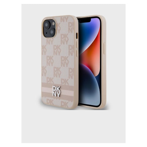 PU Leather Checkered Pattern and Stripe Zadní Kryt pro iPhone 15 Pink DKNY