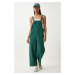 Happiness İstanbul Women's Emerald Green Strappy Thin Gabardine Summer Gardener Overalls