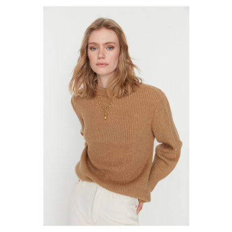 Trendyol Camel Oversize Měkký texturovaný základní pletený svetr