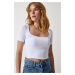 Happiness İstanbul Women's White Square Neck Crop Knitted T-Shirt