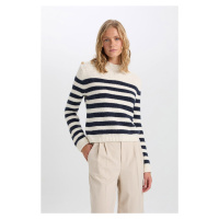 DEFACTO Regular Fit Soft Textured Crew Neck Button Detail Striped Sweater