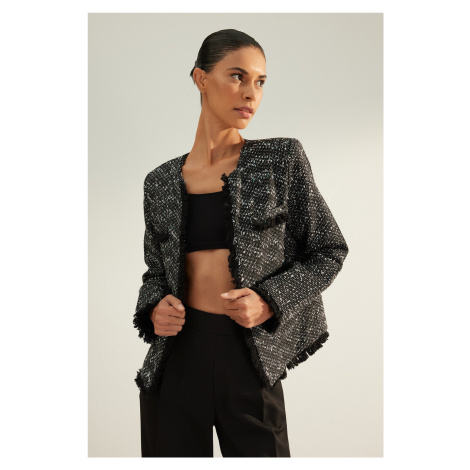 Trendyol Black Prémiová kvalita vzorovaná střapce Regular Fit Tweed Fabric tkaná bunda