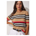 Happiness İstanbul Women's Biscuit Striped Openwork Summer Knitwear Blouse