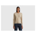 Benetton, Beige Crew Neck Cardigan In Pure Merino Wool