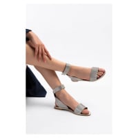 NİŞANTAŞI SHOES Earth Silver Stone Detail Ankle Tied Flat Sole Velcro Women's Sandals