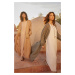 Trendyol Camel Long Linen Look Striped Woven Cap & Abaya & Abaya