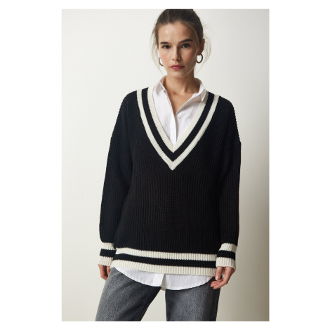 Štěstí İstanbul Dámské černé V-Neck Stripe Detailní oversize pletený svetr Happiness