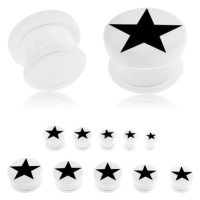 Akrylový plug bílé barvy do ucha, černá pěticípá hvězda, průhledná gumička - Tloušťka : 8 mm
