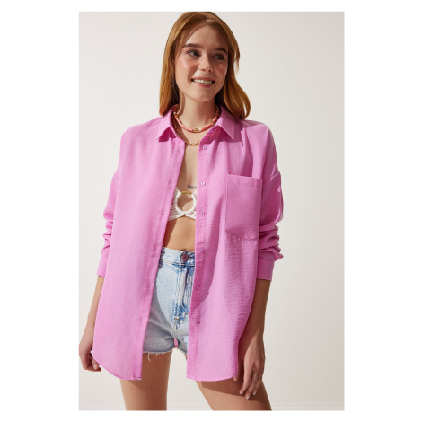 Happiness İstanbul Women's Light Pink Oversize Linen Ayrobin Shirt