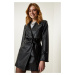 Happiness İstanbul Women's Black Faux Leather Double Breasted Collar Short Trench Coat