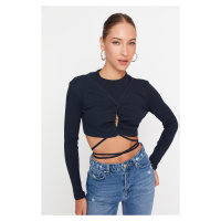 Trendyol Navy Blue Lace-Up Detailed Fitted/Skinned Crop Ribbed Stretch Knit Blouse