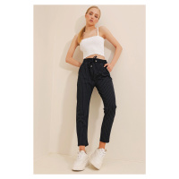 Trend Alaçatı Stili Women's Navy Blue High Waist Double Pocket Striped Casual Cut Pants