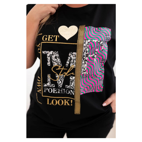 Kesi Włoski Dámská bavlněná halenka Plus Size s potiskem a flitry bílá + růžová