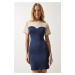Happiness İstanbul Women's Cream Navy Color Block Wrap Mini Knitted Dress