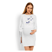 Bílé těhotenské a kojící šaty s vyšívanými květinami a mašlí