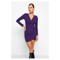Trendyol fialové dvouřadé mini pletené šaty s vypasovaným výstřihem