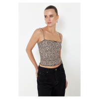 Trendyol Brown Leopard Printed Strappy Crop Super Stretch Knitted Blouse