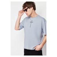 Trendyol Gray Oversize/Wide-Fit Ruffle Text Print 100% Cotton T-shirt