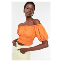 Trendyol Orange Carmen Collar Crepe Crop Knitted Blouse