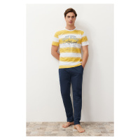 Trendyol Men's Yellow Regular Fit Striped Knitted Pajamas Set