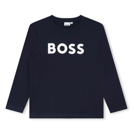 Dětská bavlněná košile s dlouhým rukávem BOSS tmavomodrá barva, s potiskem Hugo Boss