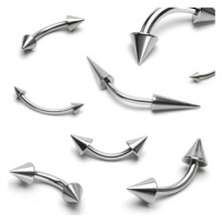 Ocelový piercing stříbrné barvy, zahnutá činka ukončená dvěma kužely - Rozměr: 1,6 mm x 8 mm x 5