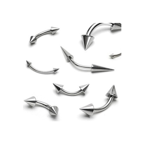 Ocelový piercing stříbrné barvy, zahnutá činka ukončená dvěma kužely - Rozměr: 1,6 mm x 8 mm x 5 Šperky eshop