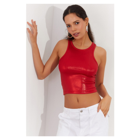 Cool & Sexy Women's Red Metallic Crop Blouse